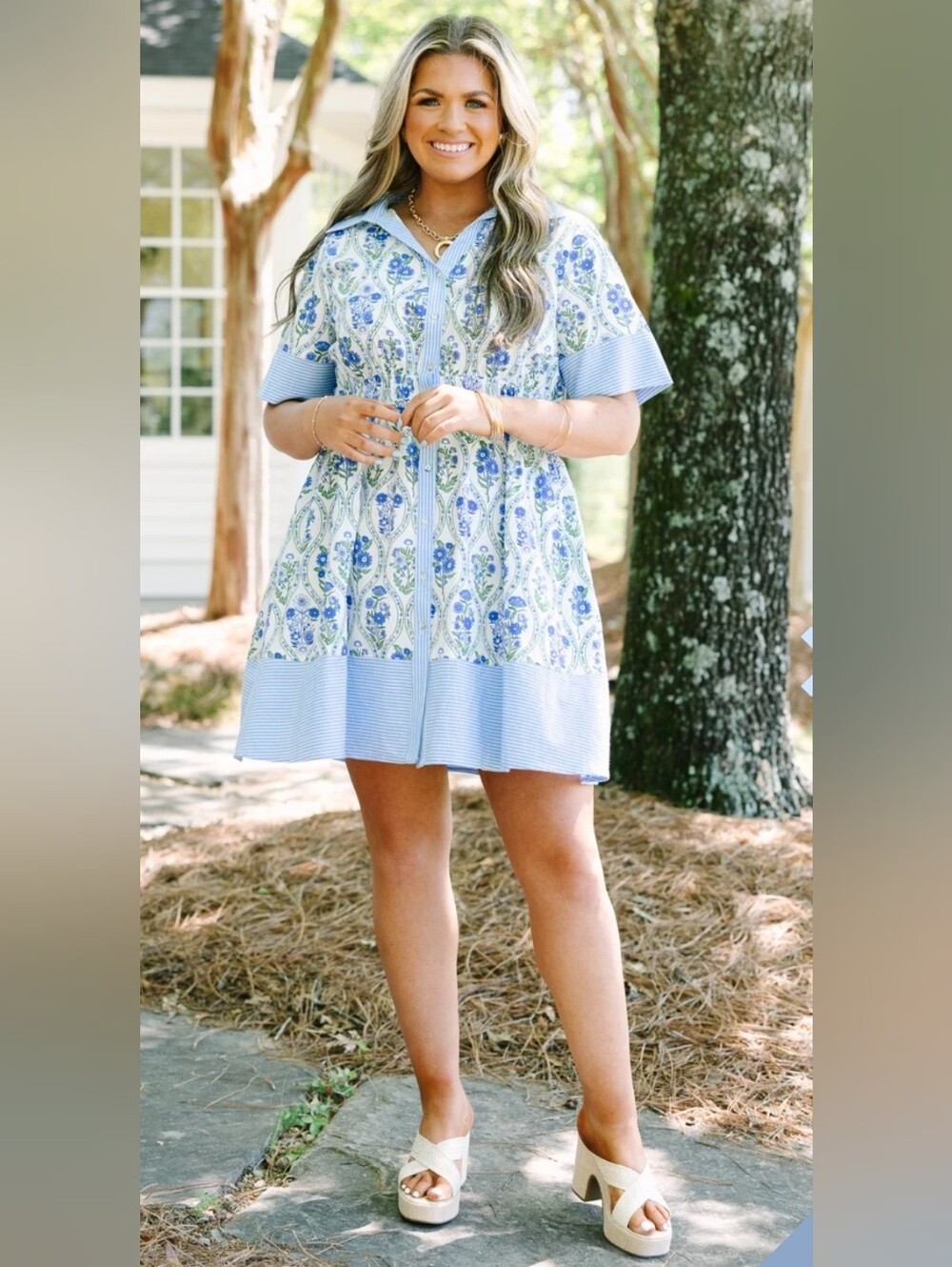 Chic Soul Blue Floral Button-Front Summer Dress- Size 2x
